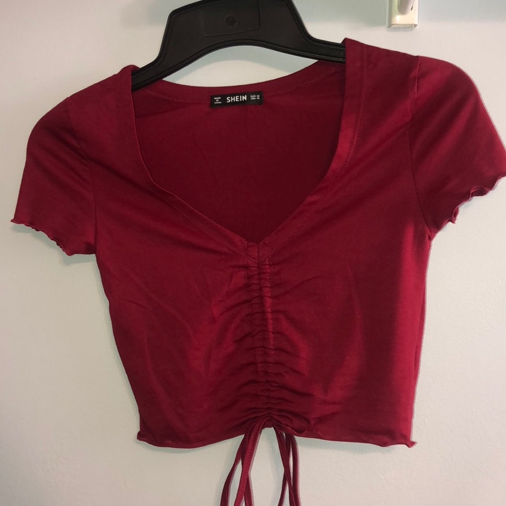 Shein Dark Red Ruffle V-Neck Crop Top (SIZE XS)